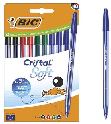 Bic Cristal Soft - Bolígrafos de punta media (1,2 mm) con tinta Easy Glide - Colores surtidos, caja de 10 unidades