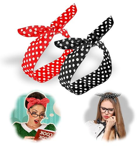2 Stück Polka Rundes Haarband Haarreifen Breit Stirnband Damen Punkte Schleife Haarband Rockabilly Kopfband Vintage Haarschmuck Wire Haarbänder Frauen Haartuch Mädchen 50er 90er Jahre Deko Accessoires