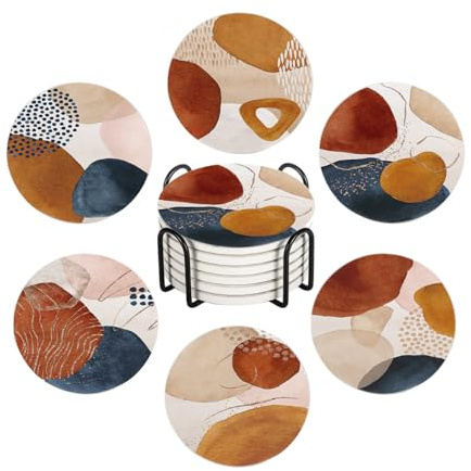 Lot de 6 dessous de verre pour boissons en terre cuite, bleu marine, orange et or, art moderne abstrait, rond, en pierre, avec base en liège et support en métal, décoration de bar, cadeau de pendaison