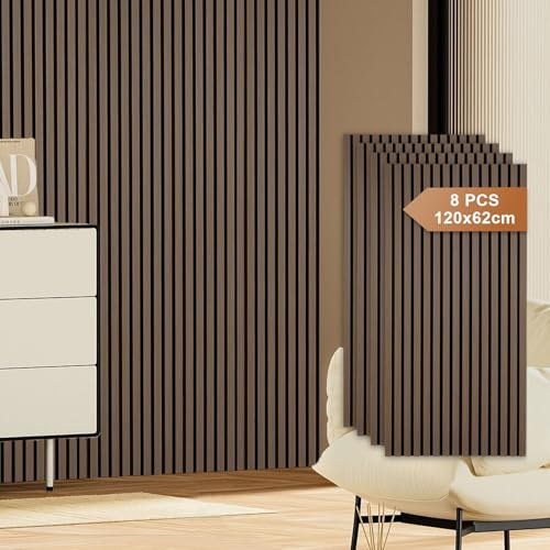 Fiqops 8er Akustikpaneele Holz 120x60 cm Walnuss 21 mm | 8er Set ca. 5,76 m², 21 mm Aufbau, MDF & PET-Filz, Für weniger Echo in Wohnzimmer, Büro & Studio