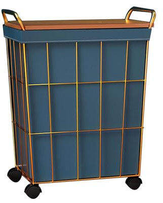 Metal laundry basket,Blanket Iron Wire Laundry Hamper on Wheels Rolling Laundry Basket w/Leather Liner Bag & Handle Gold Metal Frame Laundry Sorter w/Lid for Bedroom Toy Washing Bin