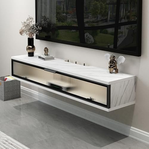 Mueble TV Flotante Con Cajones, Suspendido, Consola de TV de Pared Moderno Para Sala de Estar y Dormitorio (Mármol Blanco, 100x23x20.2CM)