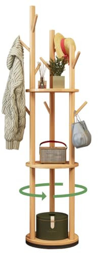 Taotigzu Porte Manteau Sur Pieds,Portant Rotatif avec 3 Étagères et 9 Crochets,Portant à Vêtements en Bois,Meuble d’entrée,Idéal Pour Entrée, Couloir ou Chambre