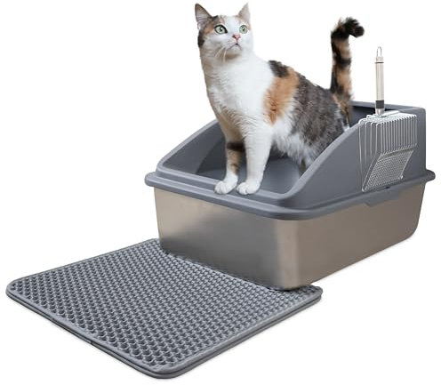 LINUMA® Arenero para Gatos de Acero Inoxidable – higiénico y sin Olor – Resistente y fácil de Limpiar – diseño Moderno – sin Tapa – Duradero y antioxidante