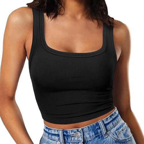 RIROW Damen Ärmelloses Tank Top Slim Fit Quadrat-Ausschnitt Geripptes Basic Oberteil L Schwarz