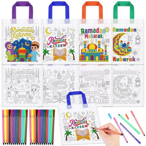 HOWAF 12 Ramadan Tüten zum Bemalen, Ramadan Geschenktüten Eid Mubarak Tüten, Ramadan Mubarak Geschenktüten & 24 Farbe Buntstifte für Basteln Ramadan Kinder, Islamische Muslimische Ramadan Geschenke