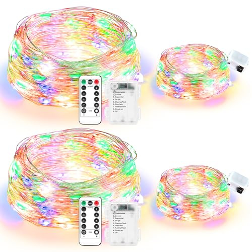 2 Stück 10 m Lichterketten mit Fernbedienung (IP65 Wasserdicht, 8 Beleuchtungsmodi & Timer) + 2 Stück 3 m LED-Lichterketten(3 Modi), Batteriebetrieben für Weihnachten, Innen/Außen Dekoration, Farbig
