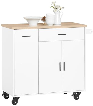 SoBuy Küchenwagen mit 2 Bremsrollen & 3 Gewürzregalen, 105x92x46 cm | Kücheninsel mit Arbeitsplatte, Schublade & Handtuchhalter, 90 kg Tragkraft, MDF/PB, für Küche & Esszimmer, FKW126-WN