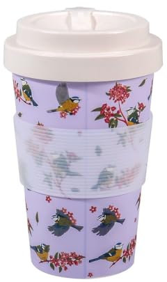ECO CHIC Recycled Travel Coffee Cup 400ml Microwave Dishwasher Safe Plastic Travel Mug (Blue Tits Lilac)
