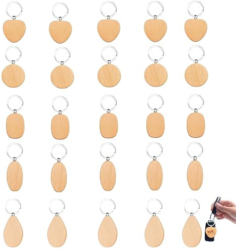LDBKLGHJ Porte-clés Personnalisable en Bois – Lot de 25 Formes variées – Idéal pour DIY et Artisanat – Durable et Naturel