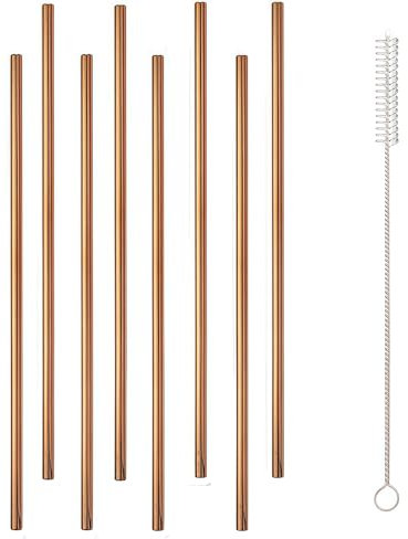 Reusable Straws,Eco Friendly Stainless Steel with Carry Pouch and Brushes,Metal Drinking Straw for Coffee, Cocktails, Travel Dishwasher Safe (8, Copper, 5.91X0.236in)