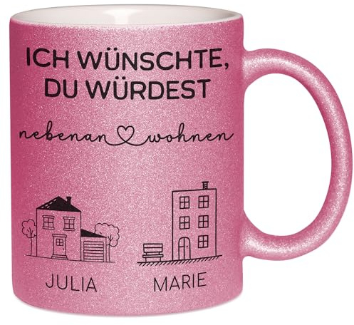 Kiddle-Design Tasse personnalisée « Beste Freundin » - « Ich wünschte du würdest wärnen » - Idée cadeau pour sœur et amies BFF, cadeau d'adieu, tasse d'amitié - Rose pailleté