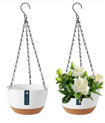 mengger Blumenampel, 2 Stück Hängende Pflanzgefäße Mit Kettenhaken,Kunststoff Hänge Blumenkasten Mit Abflusslöchern,Abnehmbarer Schale,Hängetopf für Pflanzen Geeignet Wohnzimmer Balkone Garten(Weiß)