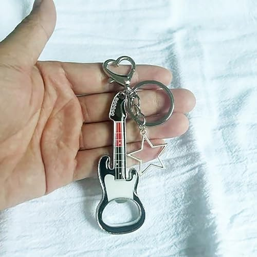 Guitar Bottle Opener Keychain, Heart Star Design, Key Ring Holder with Hanging Pendant, Gift for Women and Girls
