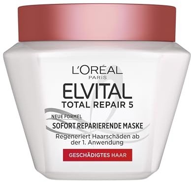 L'Oréal Paris Elvital Total Repair 5 Sofort Reparierende Maske, Neue Formel, Regeneriert Haarschäden ab der 1. Anwendung, Formel mit Ceramid, Haarreparatur, für geschädigtes Haar, 1x300ml