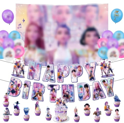 Kpop Geburtstags Deko, K pop Geburtstags Dekoration Set, Anime Geburtstagsdeko mit Happy Birthday Banner, Buchstabenballons und Tortenaufsatz, für Kinder und K pop Fans