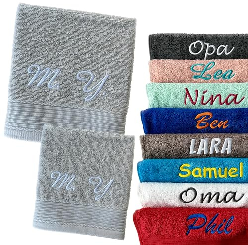 Schnoschi Handtuch 2er Set beige 30 x 50 cm Gästehandtuch und 50 x 100 Duschhandtuch personalisiert mit Namen, Motiv, Initialen oder Wunschtext Bestickt, 100% Baumwolle, 450 g/m²