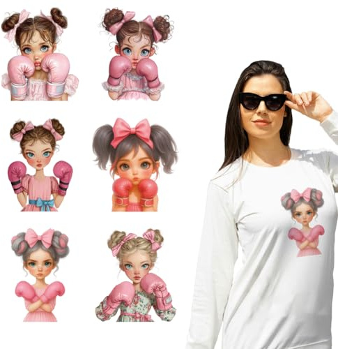 arricraft 6 Sheets Boxing Theme Cloth Iron on Stickers, Pink Boxing Women in Different Poses Heat Transfer Stickers Decals for DIY T-Shirt Jeans Backpacks Families Clothing Hat Decoration Applique
