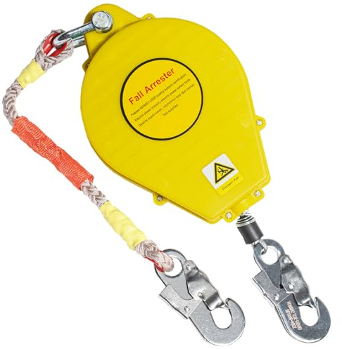 BOVDC Höhensicherungsgerät 3m/5m/7m/10m/15m/20m mit Sperre(Gelb,10 Meter) | 150kg Einziehbar Absturzsicherung Dachdecker für Dacharbeiten, Auffanggurt Absturzsicherung Selbstrollen mit Stahlseil