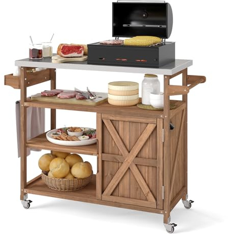 KOMFOTTEU Chariot Barbecue en Bois, Plan de Travail en en Acier Inoxydable | Desserte de Jardin avec Porte-épices, Desserte d’Extérieur, 3 Étagères Ouvertes & 1 Armoire à Porte, 118 x 47 x 92 cm