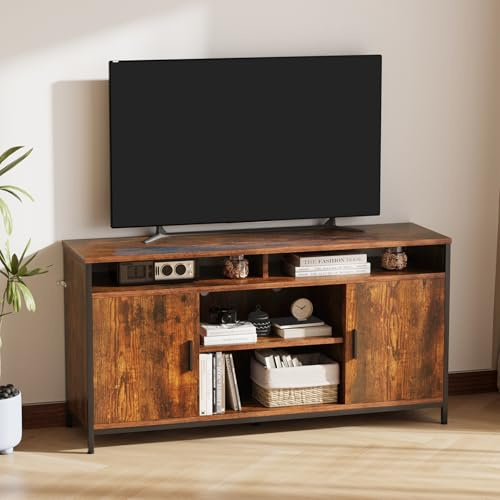 ELUCHANG Mobile TV per Televisore fino a 65 Pollici, Mobile Porta TV da Soggiorno, Stile Industriale e Vintage, Struttura in Metallo, 140 x 40 x 71 cm, Marrone Rustico e Nero