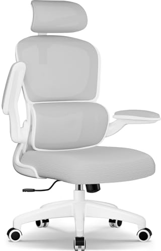Bürostuhl, Bürostuhl Ergonomisch mit Klappbaren Armlehnen und Lendenwirbelstütze, Verstellbarer Kopfstütze, Wippfunktion bis 135°, Schreibtischstuhls 150 kg, Geeignet für Homeoffice und Gaming, Grau