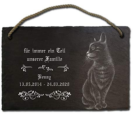 Schiefertafel Katze ca. 20x30cm Grabstein, Gedenkstein, Grabplatte oder Grabschmuck Lasergravur, Wunschtext und Name, Schieferplatte auch als Klingelschild Türschild für den Kater (Motiv B mit Kordel)
