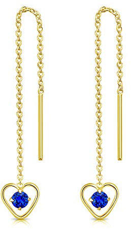 Orecchini Pendenti Cuore Argento 925 Placcati Oro 24K con Brillantini Punto Luce di Cristallo Blu - Orecchini Lunghi Dorati - Classici Eleganti Ipoallergenici - Gioielli Regalo Donna