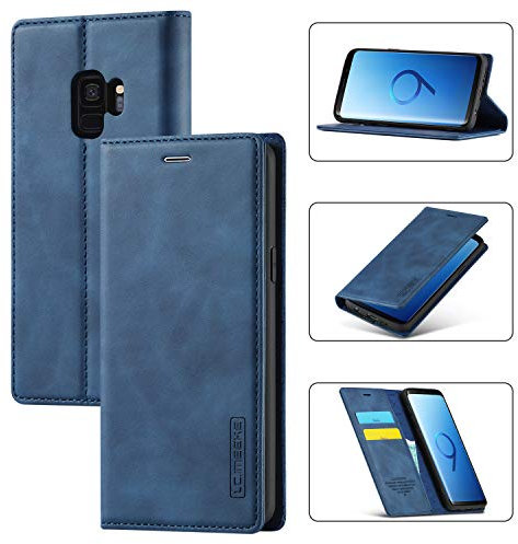EYZUTAK Vintage Lederhülle für Samsung Galaxy S9 Plus, Magnetverschluss Premium PU Leder Flip Case mit Kartenfache Brieftasche Standfuntion Stoßfeste Weiche TPU Retro Ledertasche - Dunkel Blau