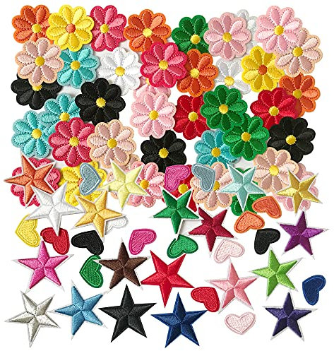 Woohome 80 Stück Patches zum Aufbügeln, Gemischt Flicken Patches Herzform Blumen Sterne Applikation für T-Shirt Jeans Taschen Kleidung