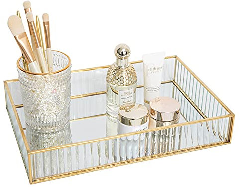 SLHEQING Vintage Spiegeltablett Gold, Dekoratives Tablett Glastablett Rechteckig Organizer Tray Kosmetik Schmuck als Schminktisch Aufbewahrung (20 x 14 x 3.5 cm)