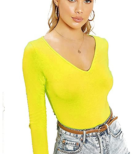 Women's Ladies Long Sleeve V Neck Basic Top Jersey Plain Stretchy Slim Fit Casual Wear T-Shirt Tee Tops 8-10 Yellow