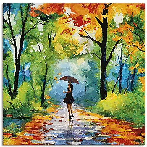 ARTLAND Wanddeko Leinwand Bilder Wandbild 100x100 cm Gemälde Landschaftsbilder Wald Herbst Natur Bäume Bunt U2TT