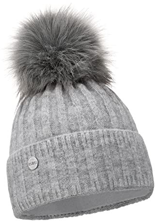 ELIMELI Winter Mütze Damenmütze mit Fell-Bommel - warme Damen Bommelmütze Strickmütze - Wintermütze mit Kunstfell Bommel - Slouch Strick Beanie Made in EU (Grau)