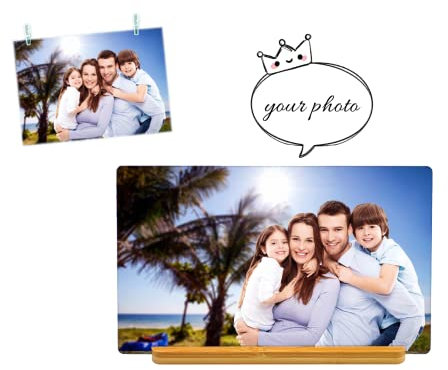 Foto sobre aluminio con base de bambú, regalos de fotos personalizados con tus propias fotos y textos en placa de aluminio, regalos fotográficos (28 x 14 cm)