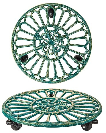 Sungmor Cast Iron Plant Caddy with Wheels, 2PC 14.8 Large & Heavy-duty Rolling Plant Stands, Pretty Garden Pots Tall Planter Dolly, Round Flower Pot Mover Metal Plant Pallet Trolley Tray with Casters