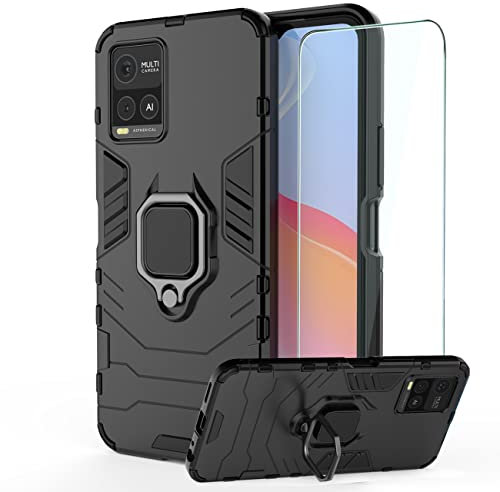DERHAN für vivo Y21 / Y21S / Y33S Hülle mit Ring Halter + Schutzfilm, Handyhülle mit Ständer, Panzerhülle Handy Hüllen Handytasche Staubschutzhülle Stoßfest Schutzhülle - Schwarz