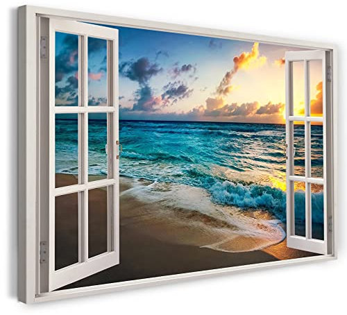 Bilder Fensterblick 120x80cm Baumwoll-Leinwand auf Keilrahmen mit Aufhänger moderner Kunstdruck XXL Wandbilder Wand-Dekoration Sonnenuntergang am Meer Strand Sand Urlaub - Natur-Fotografie