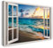 Bilder Fensterblick 120x80cm Baumwoll-Leinwand auf Keilrahmen mit Aufhänger moderner Kunstdruck XXL Wandbilder Wand-Dekoration Sonnenuntergang am Meer Strand Sand Urlaub - Natur-Fotografie