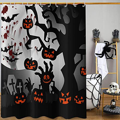 GKLEASG Tenda da doccia per Halloween, motivo horror, zucca, albero, tomba, pipistrello, notte insanguinata, mano insanguinata, luna nera e bianca, lavabile in lavatrice, impermeabile, per decorazione
