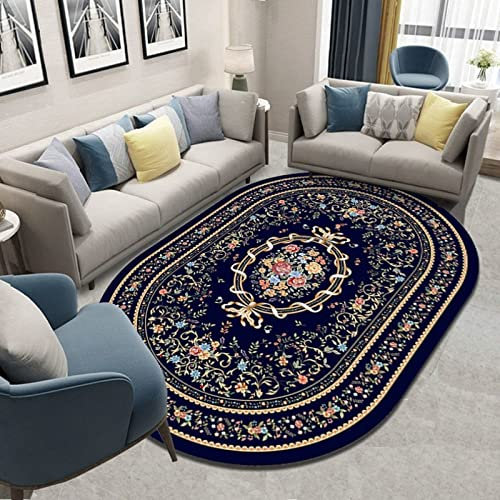 Rururug Oval Teppiche Weich Groß rutschfest Waschbar Teppich Vintages dunkelblaues Blumen for Children's Room, Bedroom, Study, Office teppiche Flauschige Groß Schutzmatten 200 x 300 cm