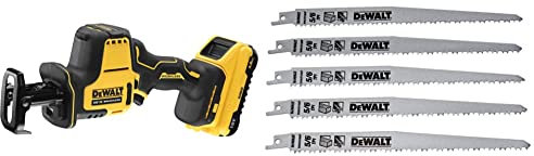 Dewalt 18 Volt Akku Kompakt-Säbelsäge DCS369NT & HCS Säbelsägeblatt (für Holz, 240 mm Länge, 5-6,5 mm Zahnteilung, Blattstärke 1,5 mm, für Grobholz, lebendes Holz und zum Ausasten) 5 Stück, DT2352