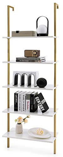 COSTWAY Estante de Escalera de 5 Niveles, Estantería Montada en la Pared con Marco de Metal, Estantes de Almacenamiento, Organizador Alta para Oficina, Sala de Estar, Dormitorio (Blanco)