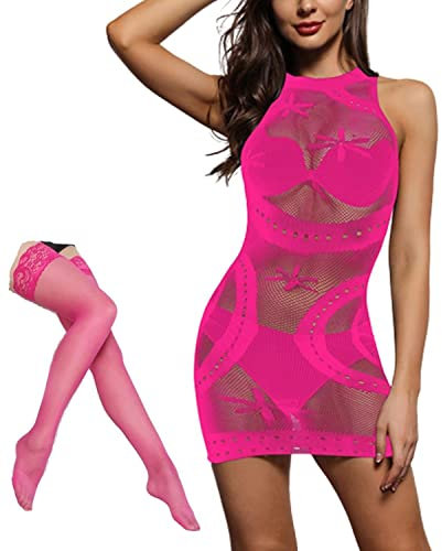 NLAND Lingerie Donna Babydoll Abito Skinny Senza Maniche con Calze Trasparente Camicia da Notte Collant per Coppia Notte da Nozze (Taglia Unica, Rosa)