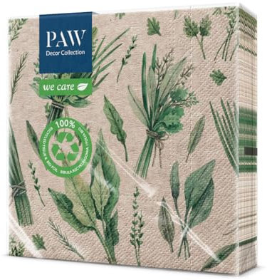 PAW - Recycelte Servietten 3-lagig (33 x 33 cm) I 20 Stück I Perfekt für Geburtstage, Partys, Hochzeiten, Kommunion Feiern I Umweltbewusste Papierservietten Recycelt - Kräuter I Herbal Picking