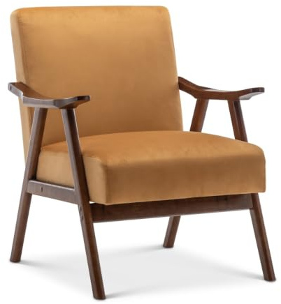 Stunning Chairs Gold Velvet Armchair – Mid-Century Modern Accent Chair for Living Room or Bedroom, Retro Wooden Armchair Upholstered in Soft Velvet, Ideal for Small Spaces