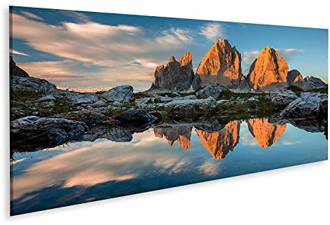 islandburner Bild auf Leinwand Tre Cime Di Lavaredo See Sonnenuntergang Dolomit Drei Zinnen Wandbild Poster Bilder 120x40cm - Panorama
