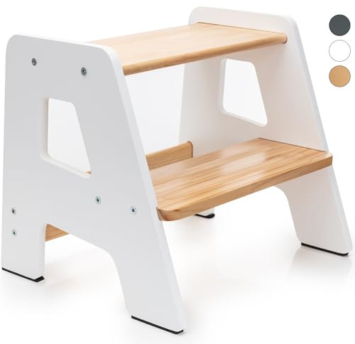 2-stufiger Tritthocker aus Holz für Kleinkinder | Kinderhocker für Waschbecken & Küche | rutschfeste Trittstufe | Holzhocker für Kinder ab 2 Jahren weiß