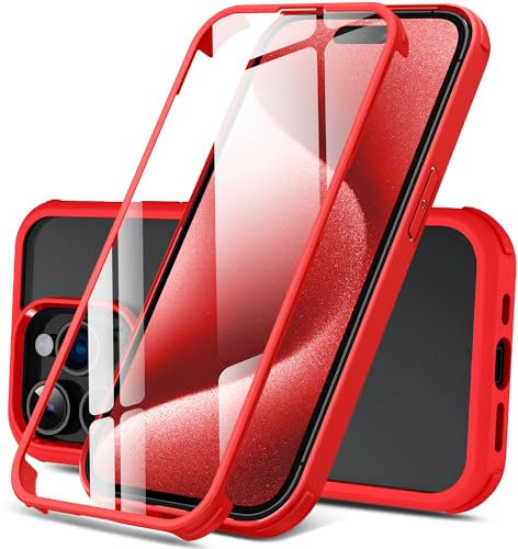 DOSNTO Doppelseitig Durchsichtig Hülle für iPhone 15 Pro Max (6.7''), 360 Grad Ganzkörper Stoßfeste Fallschutz Transparent Handyhülle Eingebauter Gehärtetem Glas Displayschutzfolie, Rot