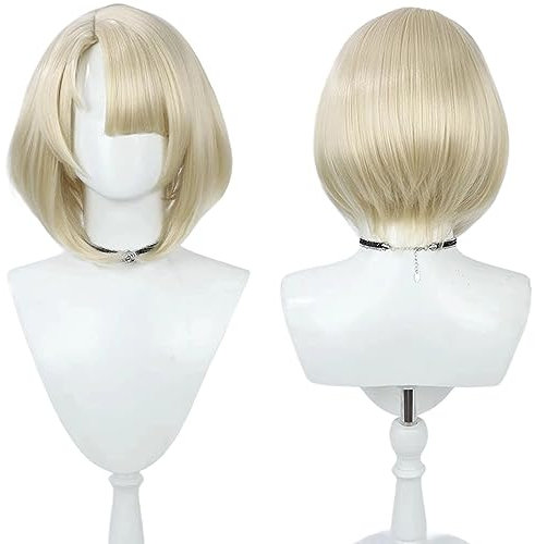 Cosplay-Perücke für Anime-Perücken Fontaine Kurz Blonde Bob Glattes Haar Synthetikstoff mit Perückenhaube für Frauen Comic Con, Cosplay Show, Halloween